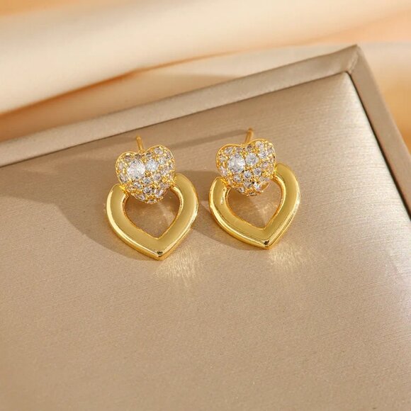 3/$35 Gold Tone Titanium Steel CZ Heart Dangle Drop Earrings Zircon Ear Studs - Picture 1 of 6